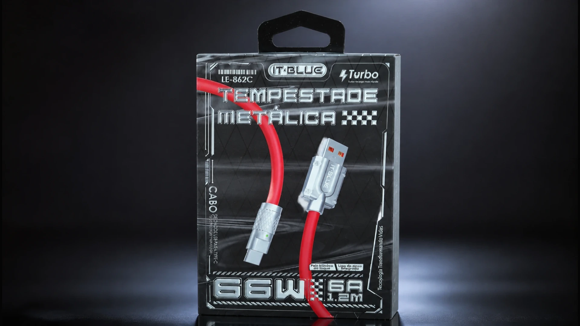 Cabo USB para Type-C IT-BLUE Tempestade Metálica LE-862C 66W 1.2M Vermelho - tv